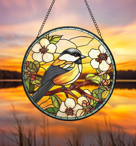 Chickadee Stained Glass Suncatcher, Bird Window Hanging: 6in NVC Ecommerce LLC