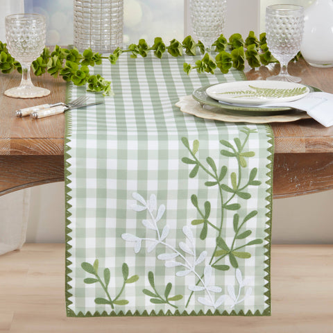 Embroidered Gingham Decorative Table Runner: Green / 16"x70" Saro Lifestyle