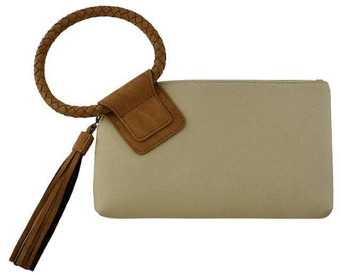 BP204SU Faux Suede Cuff Handle Tassel Wristlet/Clutch: Beige Tan MiMi Wholesale