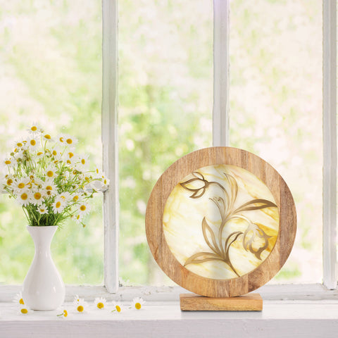 14"W Floral Decorative Stained Glass Stand Wood Frame: Yellow River of Goods