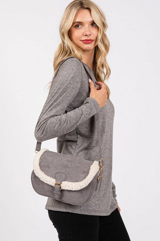 MB0261 Sherpa Trimmed Faux Suede Crossbody Bag: Camel MiMi Wholesale