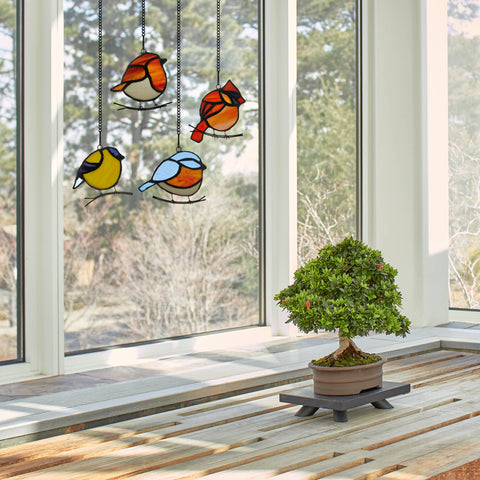 4.5"H Bird Quartet Stained Glass Window Panel Set River of Goods