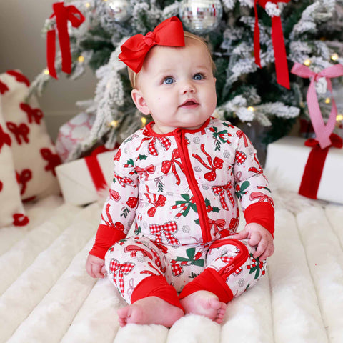 Christmas Bamboo Convertible Zip Rompers: Bow What Fun / 3-6 months Caden Lane
