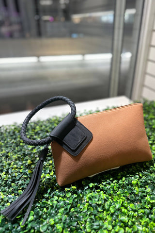 BP204SU Faux Suede Cuff Handle Tassel Wristlet/Clutch: Beige Tan MiMi Wholesale