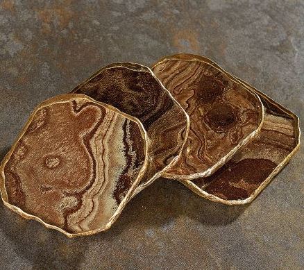 Agate Marble Glass Coaster with Gold Rim - Brown Tone Zodax