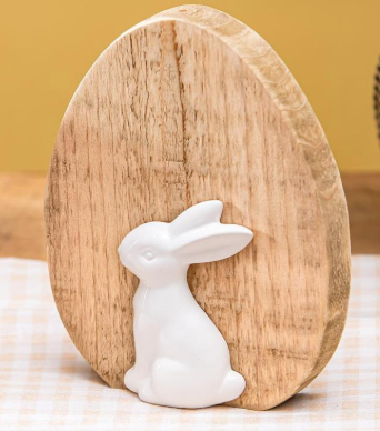Bunny Blooms Table Decor Wood Egg with Ceramic Bunny (Large) Evergreen Enterprises
