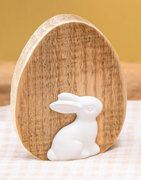 Bunny Blooms Table Decor Wood Egg with Ceramic Bunny (Small) Evergreen Enterprises