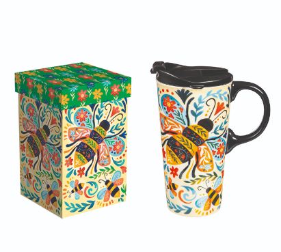 Ceramic Perfect Travel Cup, 17 oz., w/ box, Floral Evergreen Enterprises