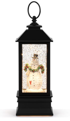 Snowman Red Heart Lit Musical Black Snow Globe Lantern Demdaco