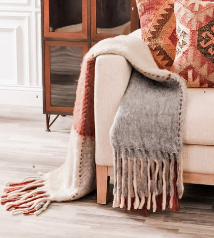 Rust Gray Cream Blue Handloom Woven Plaid Throw Blanket w