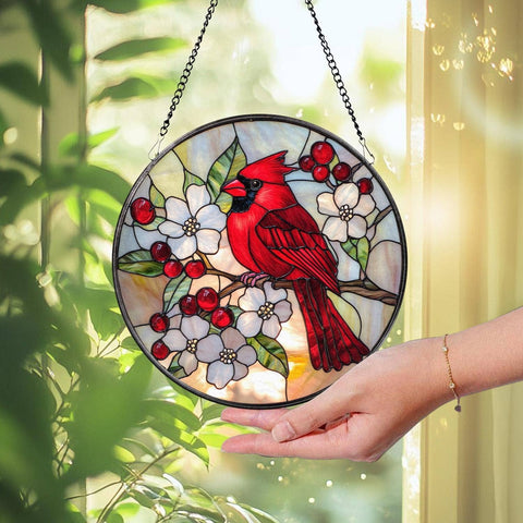 Red Cardinal Suncatcher, Floral & Cardinal Window Art Decor: 6in NVC Ecommerce LLC