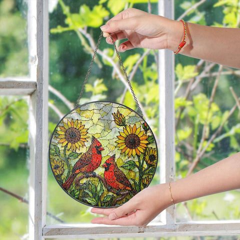 Cardinal birds and sunflowers Suncatcher, Window Decor: 6in NVC Ecommerce LLC