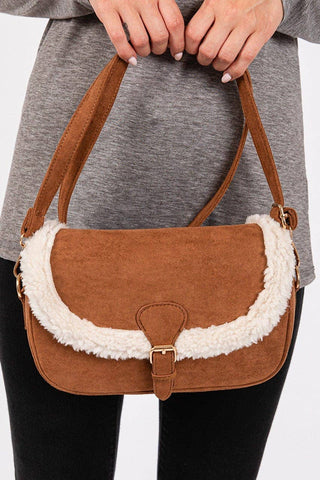 MB0261 Sherpa Trimmed Faux Suede Crossbody Bag: Olive MiMi Wholesale