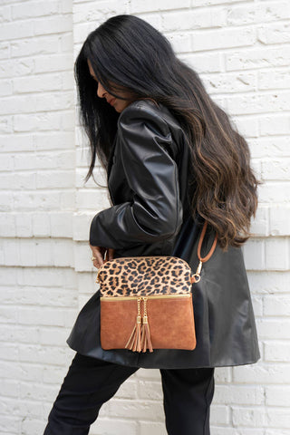 M1785 Tara Double Zip Crossbody Bag/Wristlet: Leopard-Mustard Jen & Co.