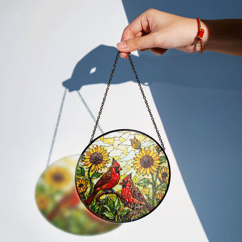 Cardinal birds and sunflowers Suncatcher, Window Decor: 6in NVC Ecommerce LLC