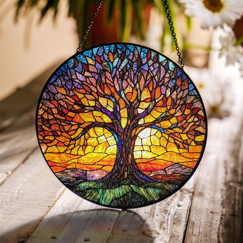Tree of Life Stained Glass Suncatcher, Autumn Fall Decor : 7.8in NVC Ecommerce LLC