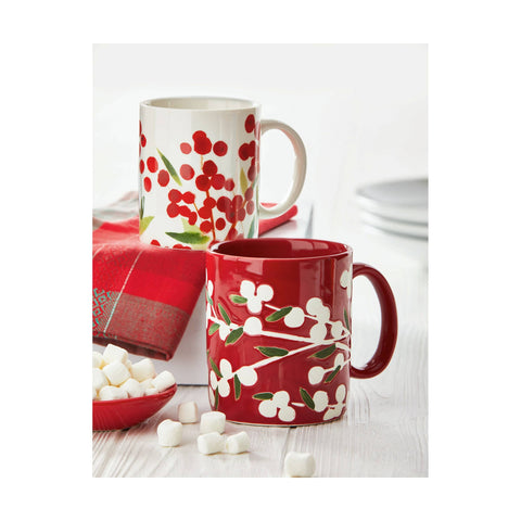 Sprig White Berries Red Ceramic Coffee Mug: White / Stoneware tag