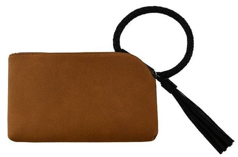 BP204SU Faux Suede Cuff Handle Tassel Wristlet/Clutch: Beige Tan MiMi Wholesale