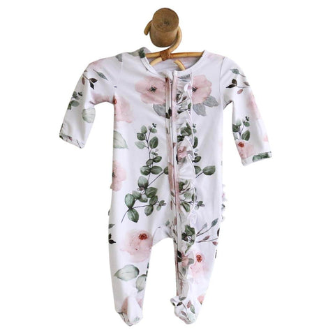 Millie's Dusty Rose Floral Zipper Ruffle Footie: Newborn Caden Lane