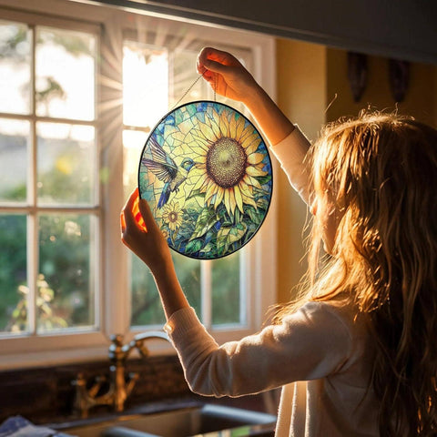 Hummingbird Stained Glass Suncatcher, Sunflower Art: 7.8in NVC Ecommerce LLC
