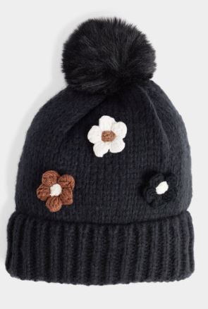 Flower Embellished Knit Hat - Black TGB Brands