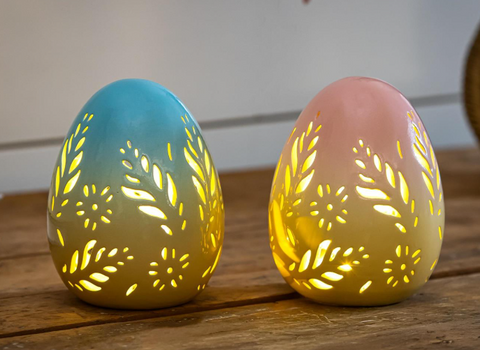 Bunny Blooms LED Table Decor Ceramic Egg with Floral Cut Outs Evergreen Enterprises