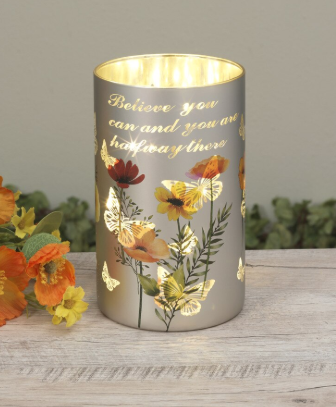 7.9"H B/O Lighted Poppy Flower w/ Butterfly Design Glass Luminary w/ Timer The Gerson Companies