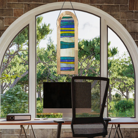 36"H Oversized Geometric Stained Glass Window Panel: Amber River of Goods