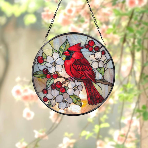 Red Cardinal Suncatcher, Floral & Cardinal Window Art Decor: 6in NVC Ecommerce LLC