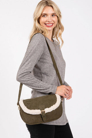 MB0261 Sherpa Trimmed Faux Suede Crossbody Bag: Olive MiMi Wholesale