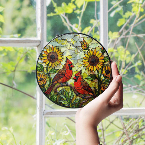 Cardinal birds and sunflowers Suncatcher, Window Decor: 6in NVC Ecommerce LLC