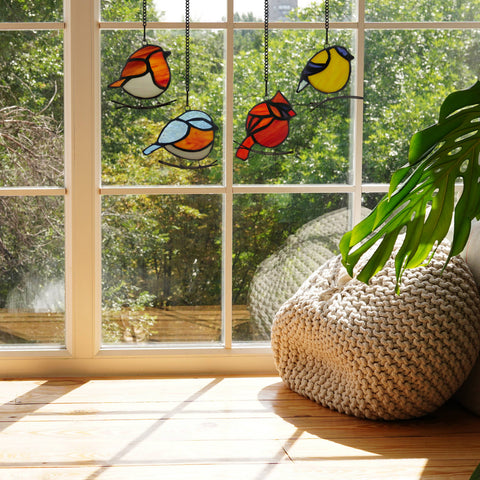 4.5"H Bird Quartet Stained Glass Window Panel Set River of Goods