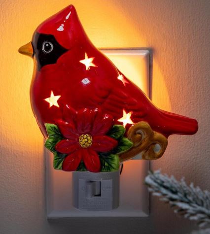 Holiday Poinsettia Nightlight Ceramic Cardinal with Poinsettia, 5.5"H Evergreen Enterprises