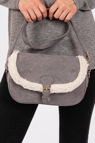 MB0261 Sherpa Trimmed Faux Suede Crossbody Bag: Camel MiMi Wholesale