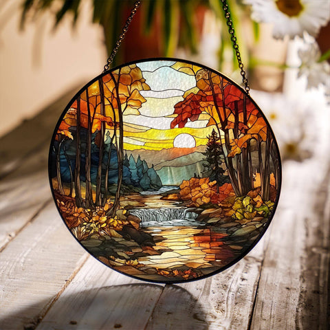 Autumn Forest Stained Glass Suncatcher, Nature Lover Gift: 7.8in NVC Ecommerce LLC