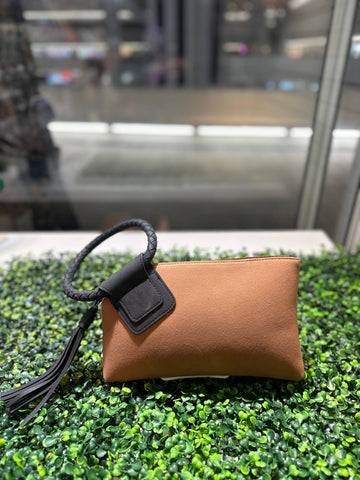 BP204SU Faux Suede Cuff Handle Tassel Wristlet/Clutch: Beige Tan MiMi Wholesale