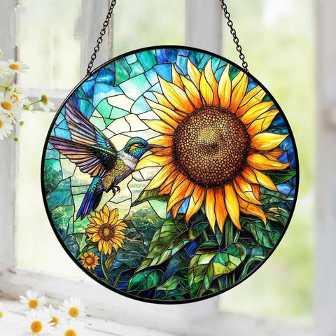 Hummingbird Stained Glass Suncatcher, Sunflower Art: 7.8in NVC Ecommerce LLC