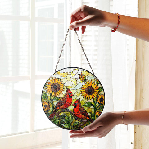 Cardinal birds and sunflowers Suncatcher, Window Decor: 6in NVC Ecommerce LLC