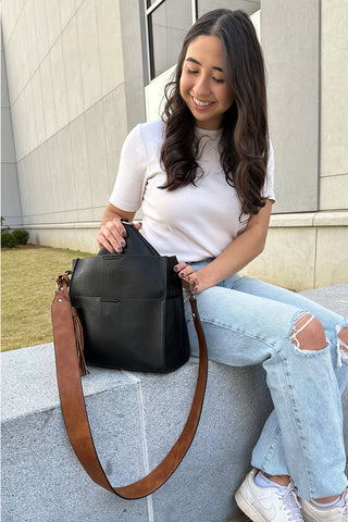 M1867 Lyla 2-in-1 Bucket Bag w/ Guitar Strap: Camel/Coffee Jen & Co.
