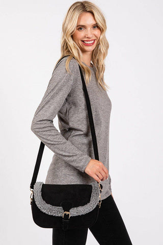 MB0261 Sherpa Trimmed Faux Suede Crossbody Bag: Camel MiMi Wholesale