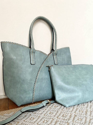 COL001-2 2-in-1 Stitch Trim Detail Shoulder/Tote Set Bag: Gray MiMi Wholesale