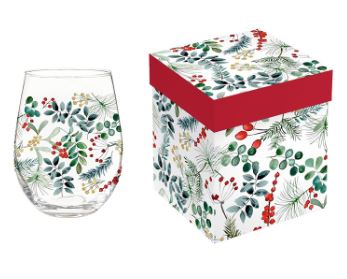 VivaStyle Wine Glass Stemless Glass, Festive Foliage, 17oz, Gift Box Evergreen Enterprises
