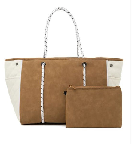 Greyson LATTE - vegan suede vegan pebbled quilted leather Haute Shore Ltd