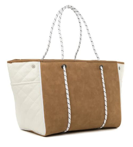 Greyson LATTE - vegan suede vegan pebbled quilted leather Haute Shore Ltd
