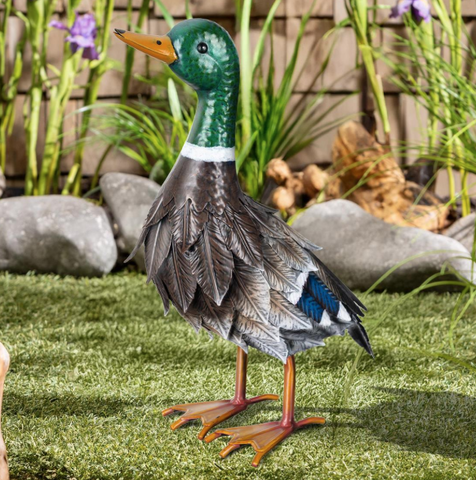 Metal Mallard Duck Garden Statue, Looking Up Pose. Evergreen Enterprises