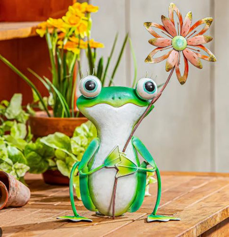 METAL FROG WITH COLORFUL FLOWER STATUE, 15"H Evergreen Enterprises
