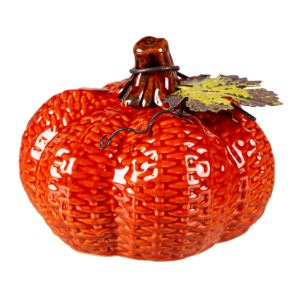 3.75" Ceramic Pumpkin with Metal Leaf Tabletop Decor Evergreen Enterprises