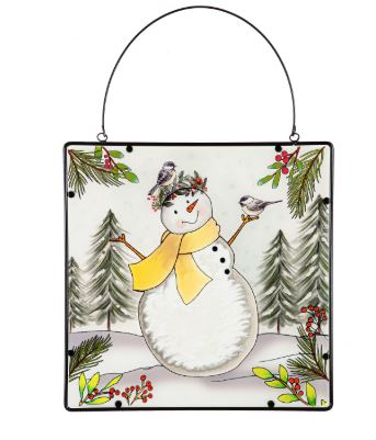 16" H x 16" L Snowman & Chickadees Hanging Glass Wall Art Evergreen Enterprises