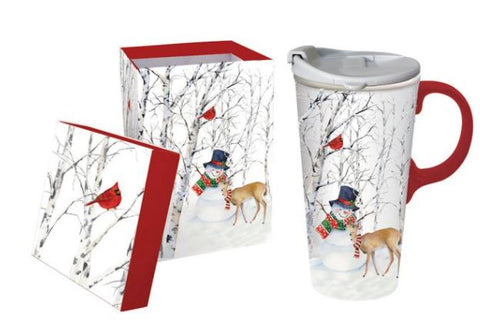 Ceramic Travel Cup, 17 OZ. ,w/box, Joyful Snowman Evergreen Enterprises