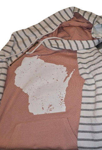 WI, Ladies Stripe Double Hood Pullover, Rose San/Athletic Heather/White Stripe, Medium Eagle Graphics